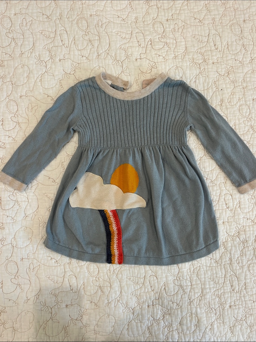 Hanna Andersson Blue Knit Dress with Yellow Sun, White Cloud and Rainbow Detail